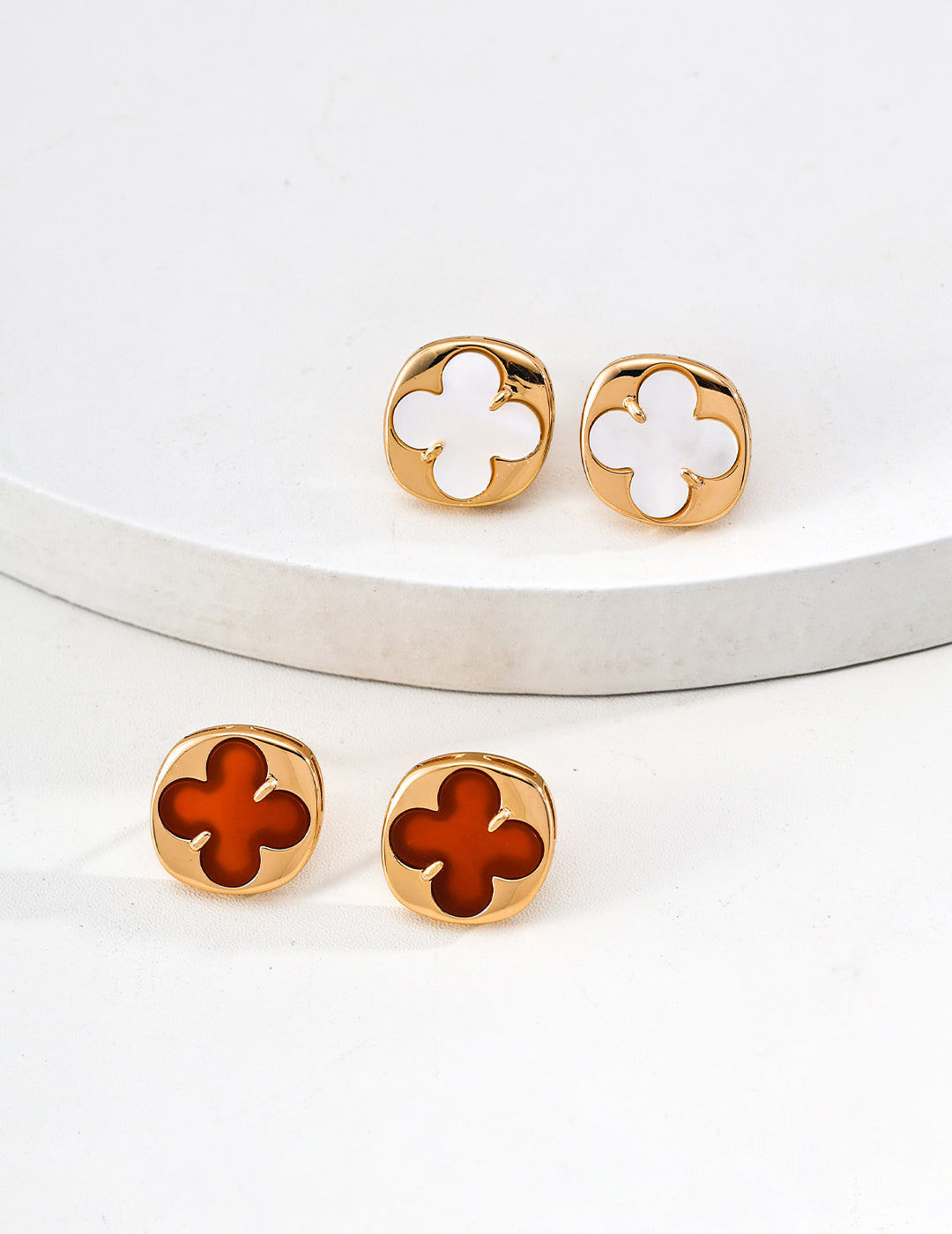 18K Gold Red Agate / Shell Lucky Clover Earrings