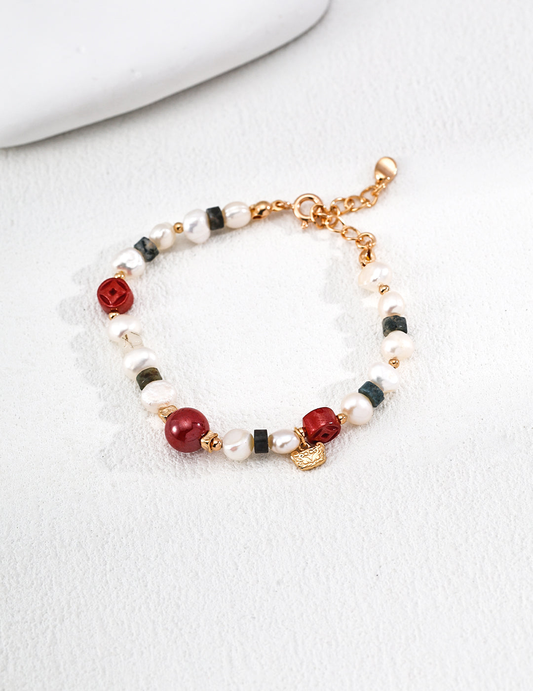18K Gold  Cinnabar Moss Agate Natural Pearl Bracelet