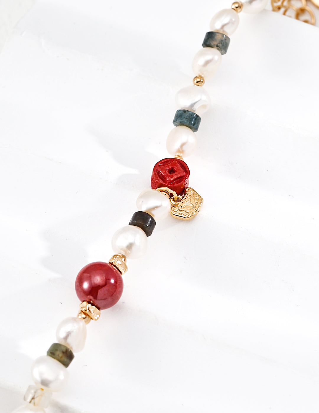 18K Gold  Cinnabar Moss Agate Natural Pearl Bracelet