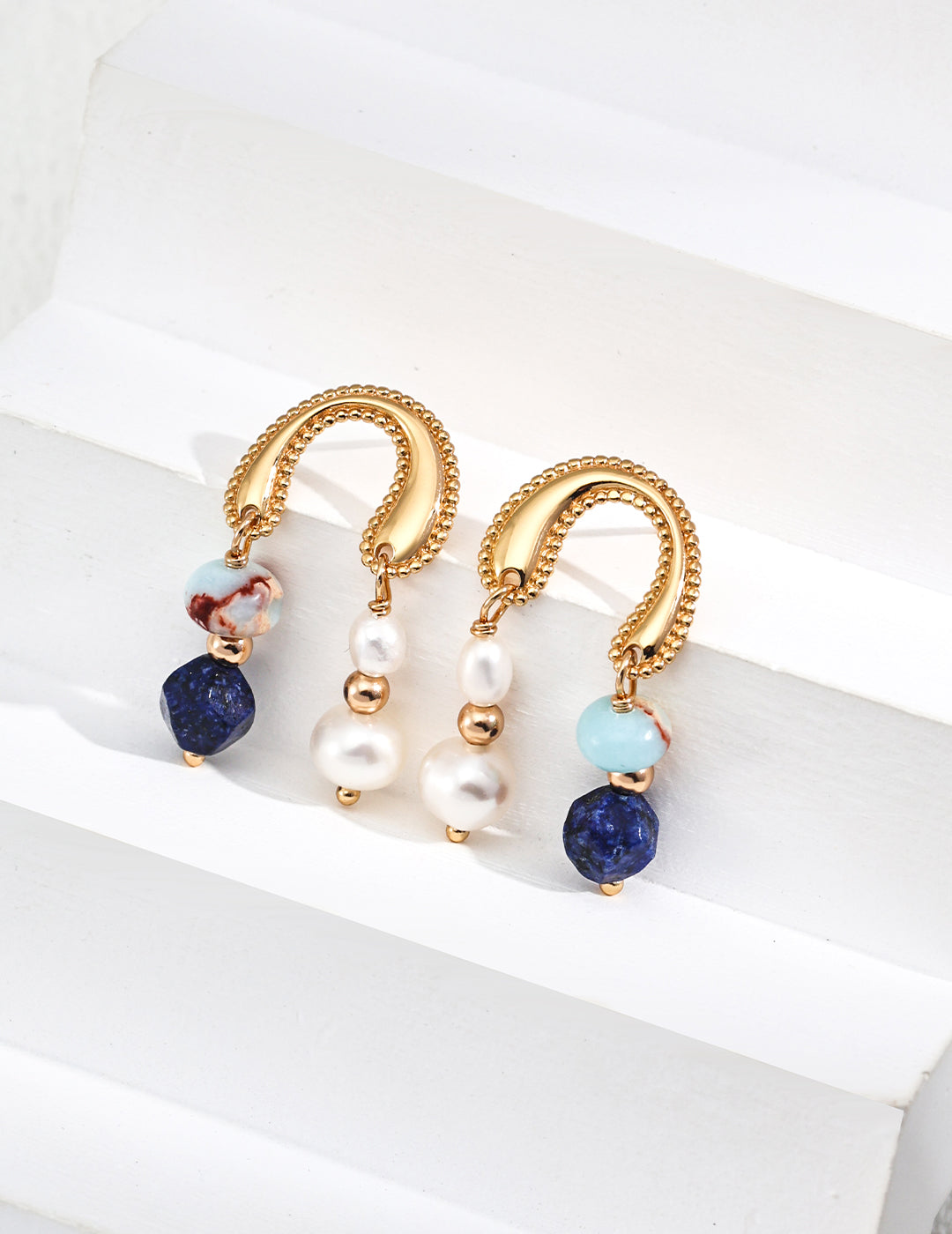 18K Gold Natural Pearl Lapis Lazuli Shoushan Stone Earrings