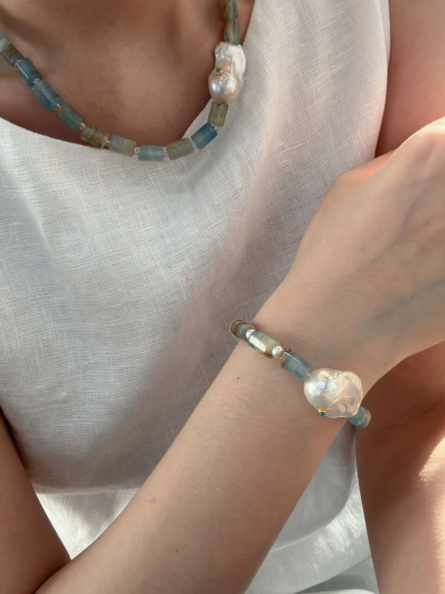 Turquoise& Baroque Pearl Sterling Silver Bracelet｜Blue Ocean