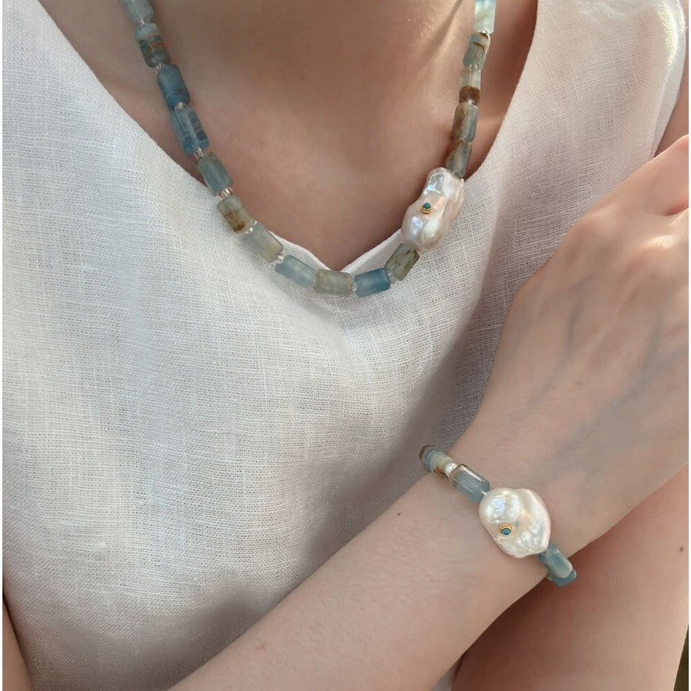 Turquoise & Baroque Pearl Sterling Silver Necklace｜Blue Ocean