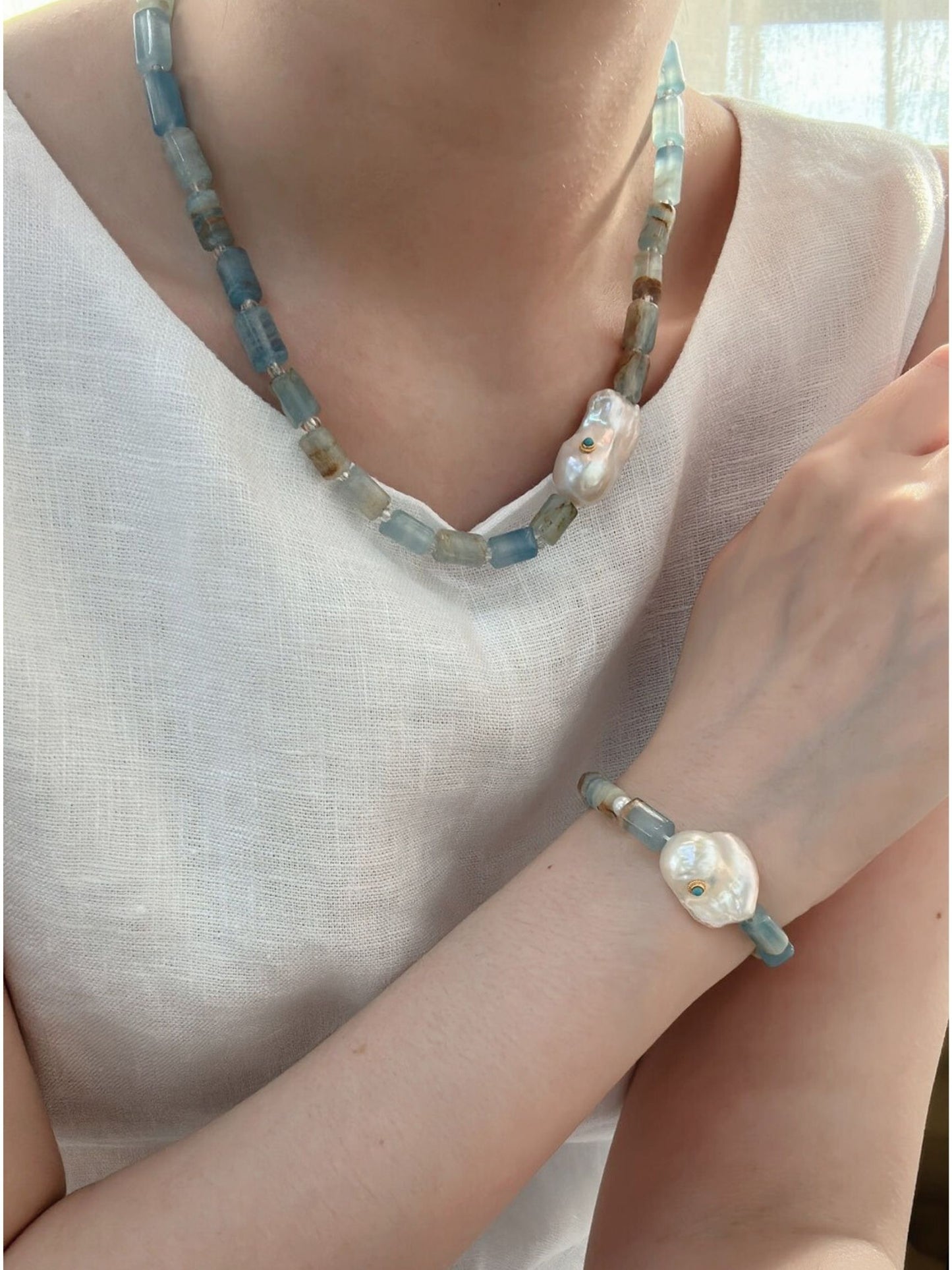 Turquoise & Baroque Pearl Sterling Silver Necklace｜Blue Ocean