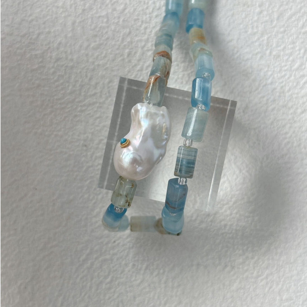 Turquoise & Baroque Pearl Sterling Silver Necklace｜Blue Ocean
