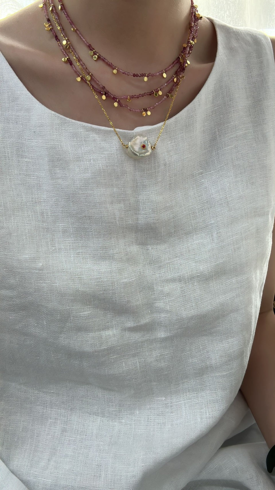 18K Gold Baroque Petal Pearl & Ruby Necklace