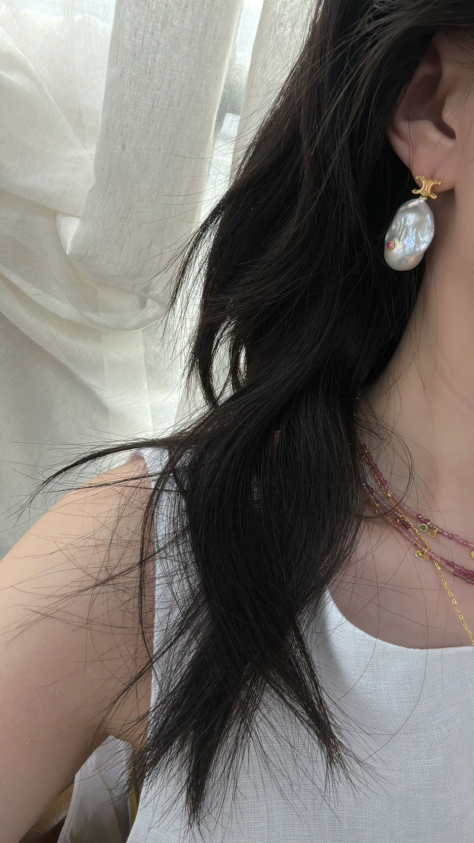 18K Gold Baroque Pearl & Ruby Earrings｜Ruby Bloom