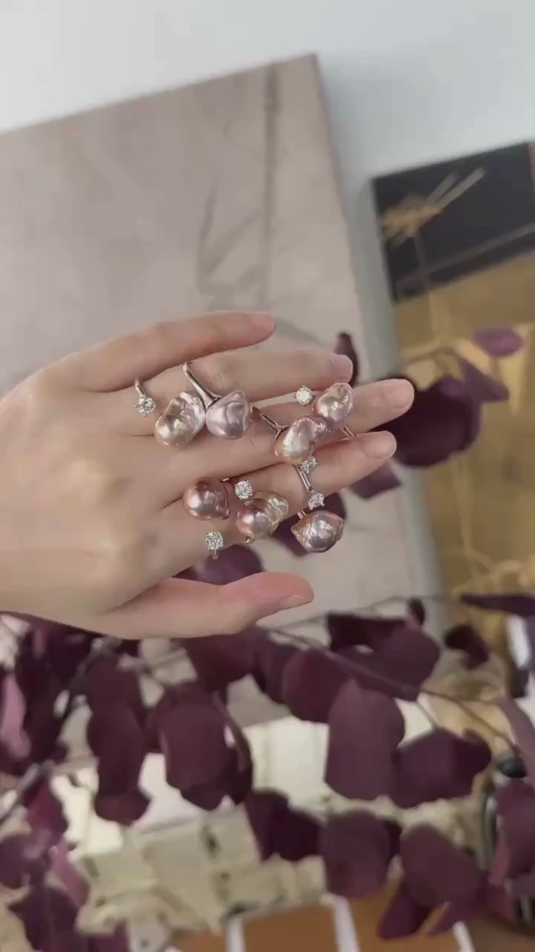 S925 Rainbow Baroque Pearl & Zircon Ring｜Cream Rose